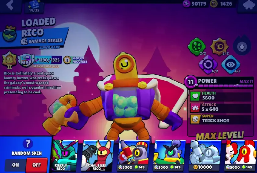 BS1775 29k trophies 79 brawlers 10 max power hypercharged Fang Bibi Bea Colette Spike Bull Loaded Rico Firefly Rico Final Boss Rico Gene (G)